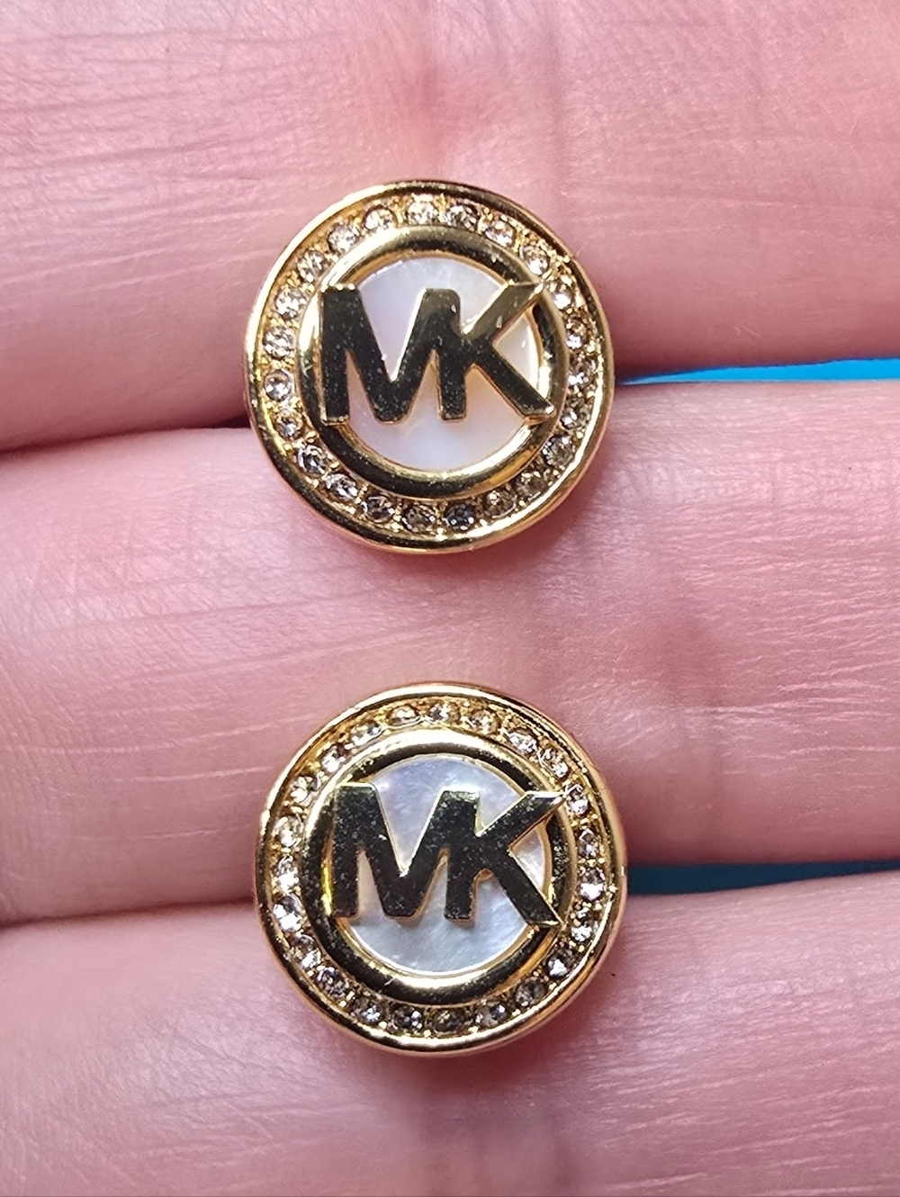NWT Michael Kors Mother of Pearl Logo Stud Earrings Gold Tone Pave Crystal MK
